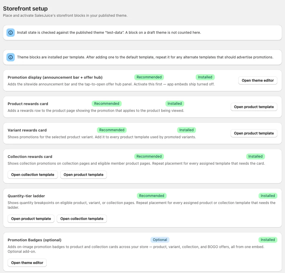 Storefront setup checklist in the SalesJuice admin, with every recommended theme block marked Installed.